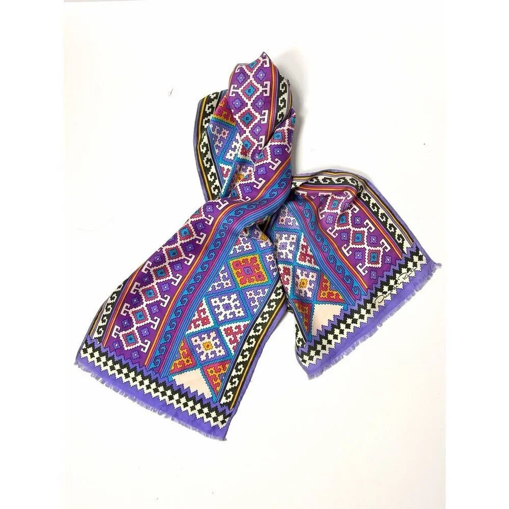 Oscar de la Renta Silk Scarf Geometric Tribal Southwestern Print Purple 11x50